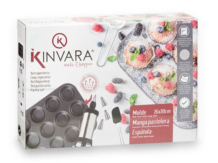 Kinvara Set Repostería Molde Manga Pastelera y Espátula, Negro, 5.5 x 22 x 31.5 cm (Set de 12)