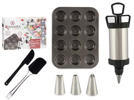 Kinvara Set Repostería Molde Manga Pastelera y Espátula, Negro, 5.5 x 22 x 31.5 cm (Set de 12)