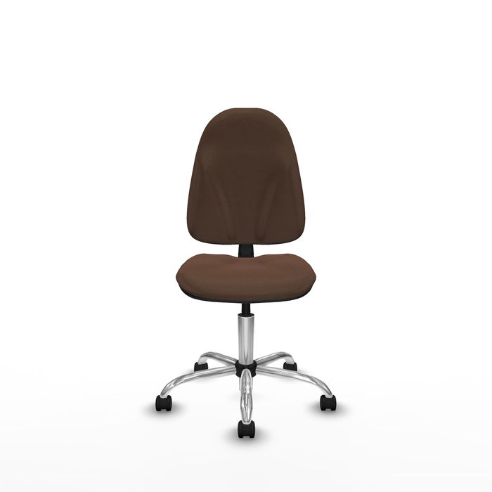 Silla de oficina Algarra con mecanismo Contacto permanente básico tapizada con Tela color Marrón oscuro. Equipada con Base cromada, Sin brazos y Ruedas de nailon 50 mm