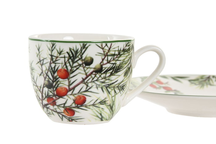 DKD Home Decor Set de 2 Tazas de Porcelana Acebo Verde
