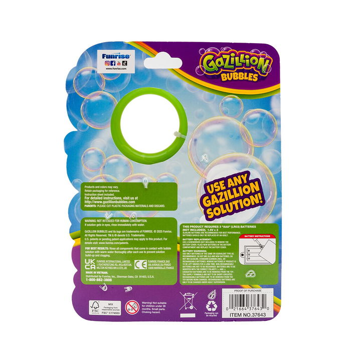 Gazillion Varita Ventilador 37643 Hacedor de Pompas de Jabón para Niños, Incluye 118ml de Líquido, Compatible con Líquidos Gazillion