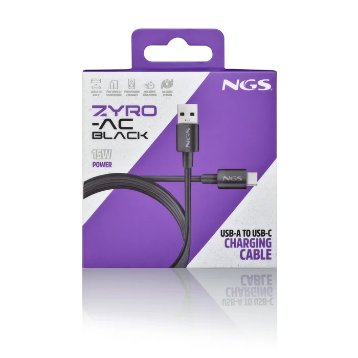 NGS Cable USB 2.0 Carga y Datos USB-A a USB-C Macho, Hasta 480 Mbps y 15W, 1 Metro, Negro, Referencia ZYRO-AC