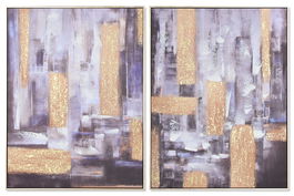 DKD Home Decor Cuadro Moderno Negro Dorado Abstracto Lienzo y Ps 62 x 82 x 4.5 cm (2 Unidades) Hecho a Mano