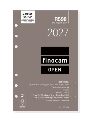 Finocam Recambio Anual Agenda de Anillas Open R598 2027 117x181mm
