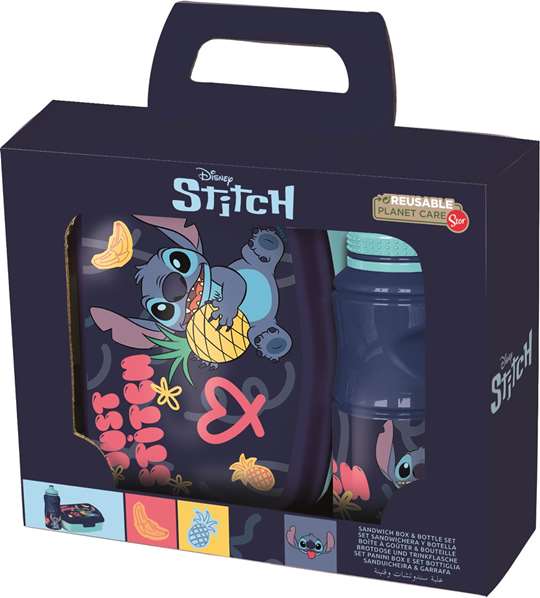 Stitch Palms Set Vuelta al Cole 2 Piezas en Caja Regalo, Botella Agua 380 ml y Sandwichera Rectangular, Edad Mínima 36 Meses
