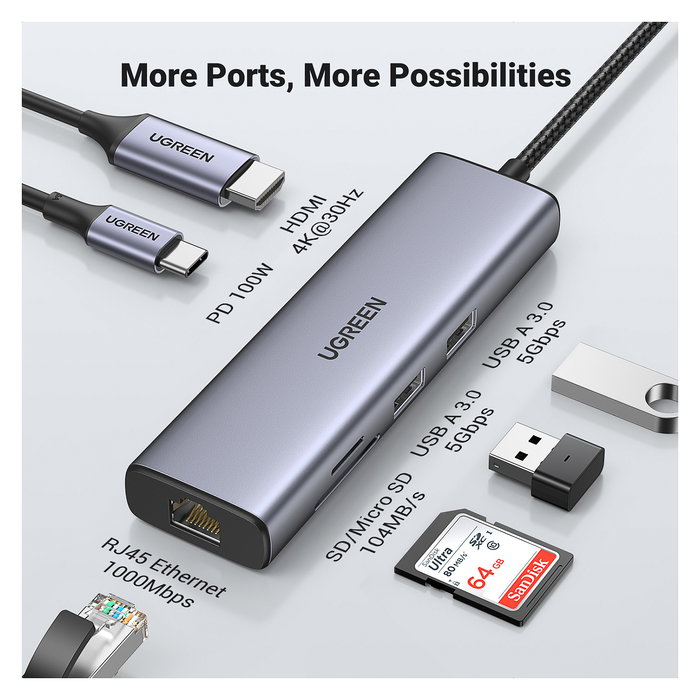Ugreen Hub USB-C a 2x USB 3.0, HDMI, RJ45, SD/TF, PD Port 7 Puertos