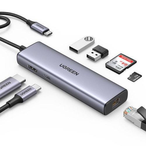 UGREEN Hub USB-C 7 en 1 con 2*USB 3.0, HDMI, RJ45, SD/TF y PD