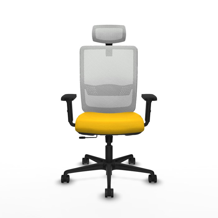 Silla de oficina Haches con mecanismo Sincro/Traslack tapizada con Tela color Amarillo y malla color Blanco. Equipada con lumbar 1D, Brazos 2D, Cabecero 2D y Ruedas 65mm nailon