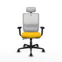 Silla de oficina Haches con mecanismo Sincro/Traslack tapizada con Tela color Amarillo y malla color Blanco. Equipada con lumbar 1D, Brazos 2D, Cabecero 2D y Ruedas 65mm nailon