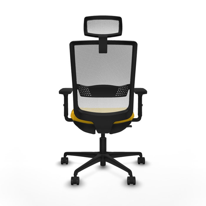 Silla de oficina Haches con mecanismo Sincro/Traslack tapizada con Tela color Amarillo y malla color Blanco. Equipada con lumbar 1D, Brazos 2D, Cabecero 2D y Ruedas 65mm nailon
