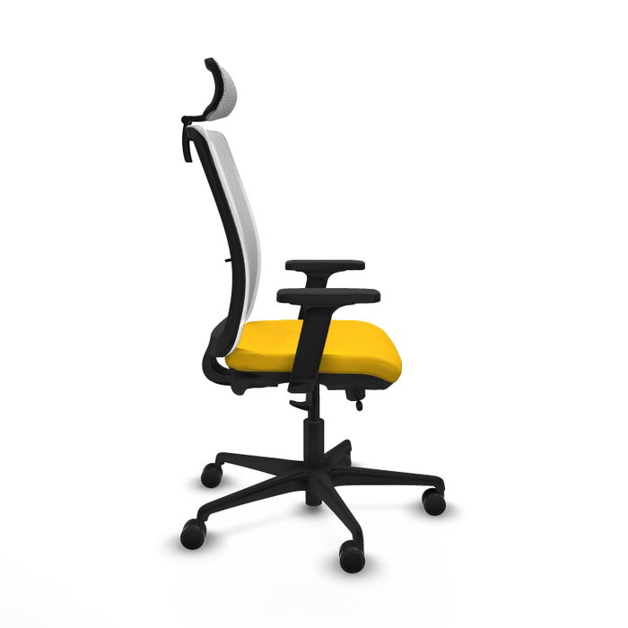 Silla de oficina Haches con mecanismo Sincro/Traslack tapizada con Tela color Amarillo y malla color Blanco. Equipada con lumbar 1D, Brazos 2D, Cabecero 2D y Ruedas 65mm nailon