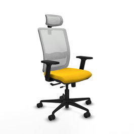 Silla de oficina Haches con mecanismo Sincro/Traslack tapizada con Tela color Amarillo y malla color Blanco. Equipada con lumbar 1D, Brazos 2D, Cabecero 2D y Ruedas 65mm nailon
