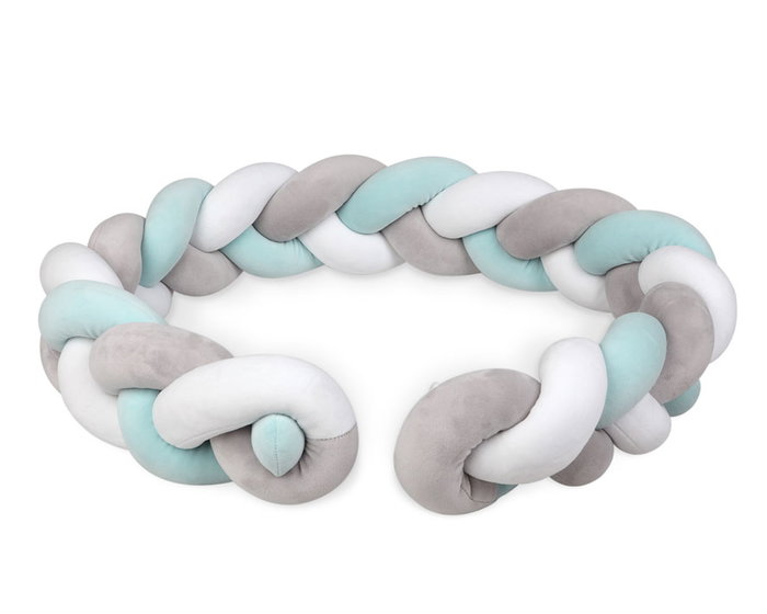 KioKids Protector Acolchado Trenza Para Cuna y Cama, 1,5 Metros, Colores Azul y Gris, Ideal para Evitar Golpes y Decorar Habitación Infantil