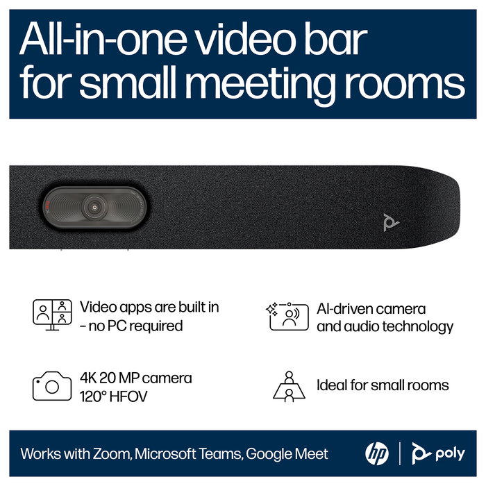 HP Poly Studio X32 Barra de Video Todo en Uno, 4K Ultra HD 50MP, Zoom 5x, Camara 20MP, Microfono 4, Wi-Fi, PoE, Negro