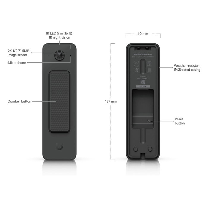 Ubiquiti UVC-Doorbell-Lite-B Negro - Timbre de vídeo para puerta con cámara 5MP (2560x1920), conexión PoE, resistencia IPX5, visión nocturna y micrófono incorporado