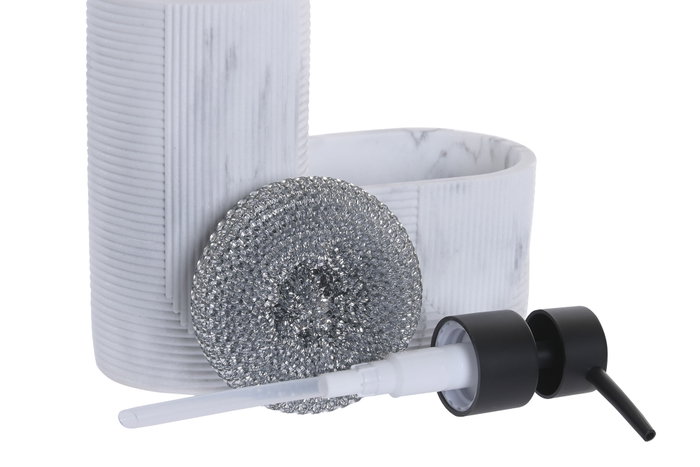 DKD Home Decor Dosificador con Estropajo Símil Mármol Blanco y Negro