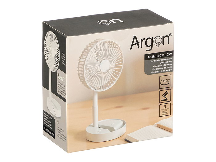Argon Ventilador de Sobremesa Plegable, Blanco, USB-C, Batería Recargable 1200 mAh, Dimensiones Montado 16.5x16.5x30 cm (Set de 12)