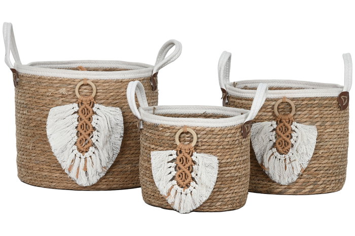DKD Home Decor Set de 3 Cestas de Fibra y Algodón Natural
