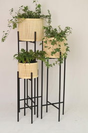 DKD Home Decor Set de 3 Maceteros de Bambú y Metal Negro y Natural