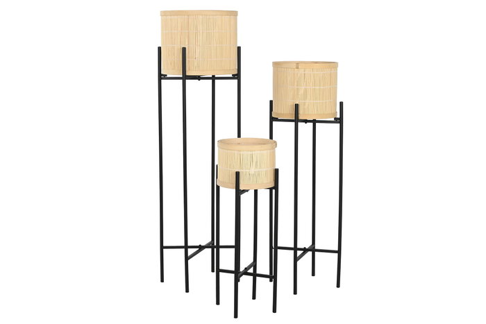 DKD Home Decor Set de 3 Maceteros de Bambú y Metal Negro y Natural