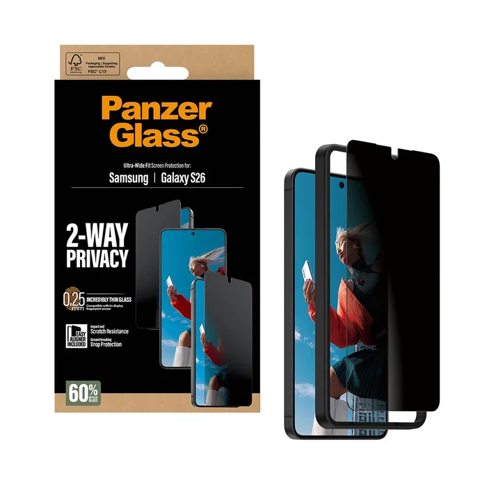 PanzerGlass Protector de Pantalla Privacidad 2 Vías para Samsung Galaxy S26 | Ultra-Wide Fit con EasyAligner | 1 Unidad | Resistente a Rayones y Golpes