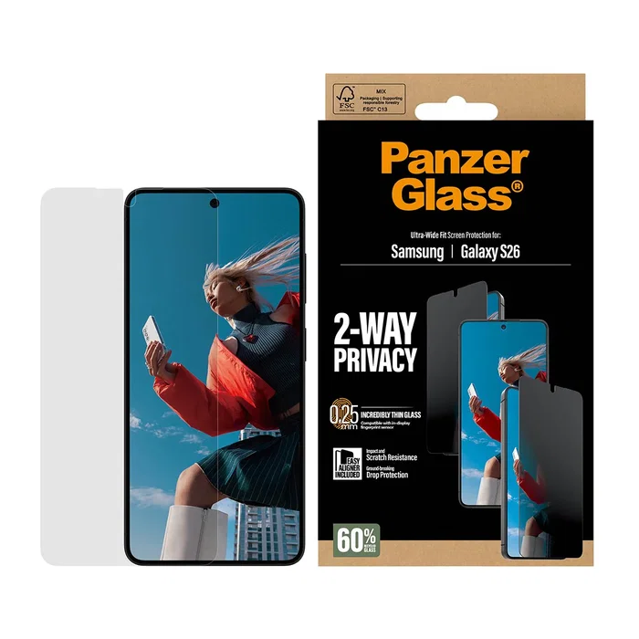 PanzerGlass Protector de Pantalla Privacidad 2 Vías para Samsung Galaxy S26 | Ultra-Wide Fit con EasyAligner | 1 Unidad | Resistente a Rayones y Golpes