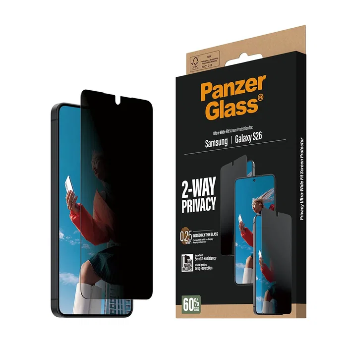 PanzerGlass Protector de Pantalla Privacidad 2 Vías para Samsung Galaxy S26 | Ultra-Wide Fit con EasyAligner | 1 Unidad | Resistente a Rayones y Golpes