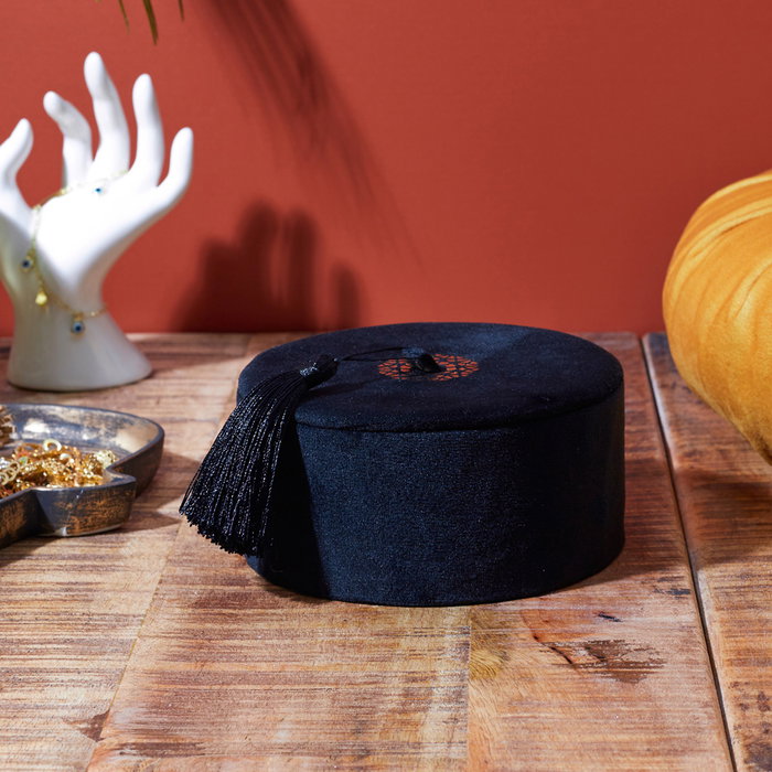 Home Deco Factory Joyero Terciopelo Mirage Beige Naranja Negro Diámetro 13.5cm Altura 7cm