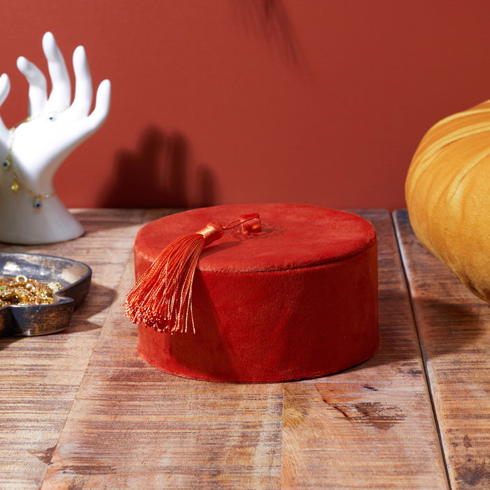 Home Deco Factory Joyero Terciopelo Mirage Beige Naranja Negro Diámetro 13.5cm Altura 7cm