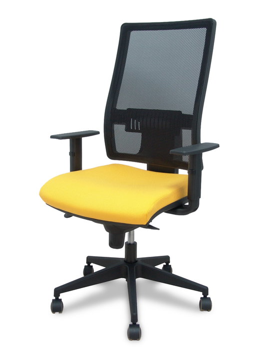 Silla de oficina Horna con mecanismo Sincro tapizada con Tela color Amarillo y malla color Negro. Equipada con lumbar 1D, Brazos 1D y Ruedas de parqué