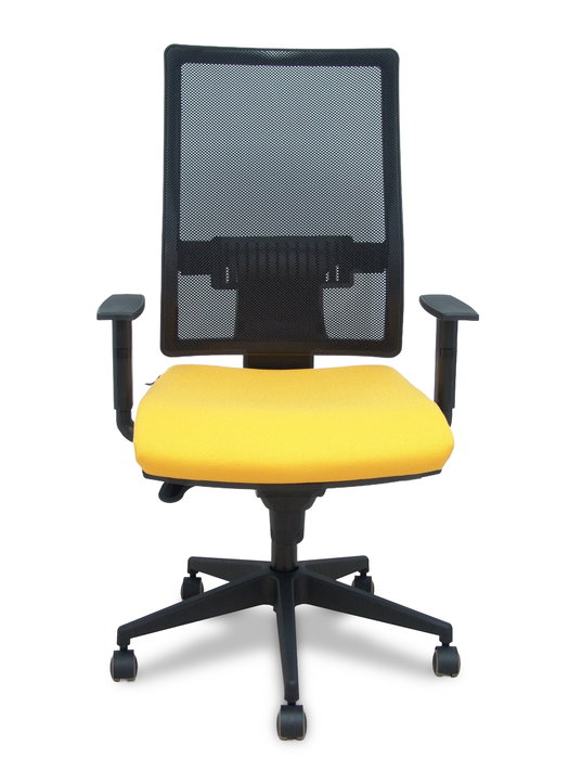 Silla de oficina Horna con mecanismo Sincro tapizada con Tela color Amarillo y malla color Negro. Equipada con lumbar 1D, Brazos 1D y Ruedas de parqué