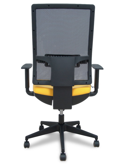 Silla de oficina Horna con mecanismo Sincro tapizada con Tela color Amarillo y malla color Negro. Equipada con lumbar 1D, Brazos 1D y Ruedas de parqué