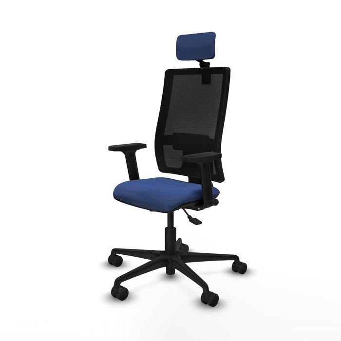 Silla de oficina Bormate con mecanismo Asincro tapizada con Tela color Azul marino y malla color Negro. Equipada con lumbar 1D, Brazos 2D, Cabecero 2D y Ruedas 65mm nailon