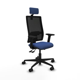 Silla de oficina Bormate con mecanismo Asincro tapizada con Tela color Azul marino y malla color Negro. Equipada con lumbar 1D, Brazos 2D, Cabecero 2D y Ruedas 65mm nailon