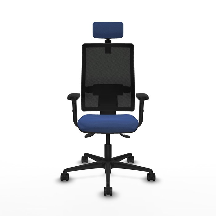Silla de oficina Bormate con mecanismo Asincro tapizada con Tela color Azul marino y malla color Negro. Equipada con lumbar 1D, Brazos 2D, Cabecero 2D y Ruedas 65mm nailon