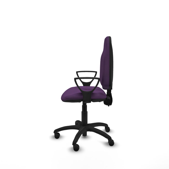 Silla de oficina Algarra con mecanismo Contacto permanente de doble maneta tapizada con Tela color Morado. Equipada con Base poliamida negra, Brazos fijos y Ruedas autofrenantes