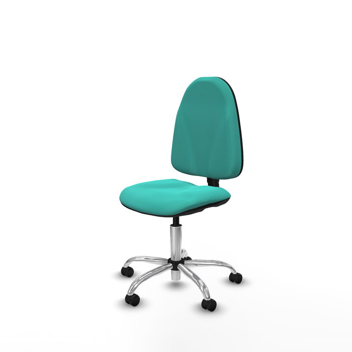 Silla de oficina Algarra con mecanismo Contacto permanente básico tapizada con Similpiel color Turquesa. Equipada con Base cromada, Sin brazos y Ruedas de parqué