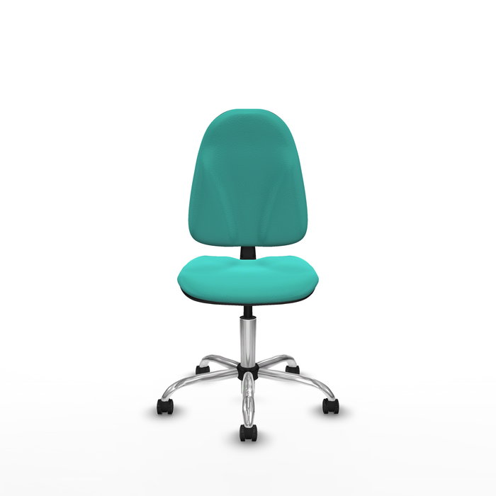 Silla de oficina Algarra con mecanismo Contacto permanente básico tapizada con Similpiel color Turquesa. Equipada con Base cromada, Sin brazos y Ruedas de parqué