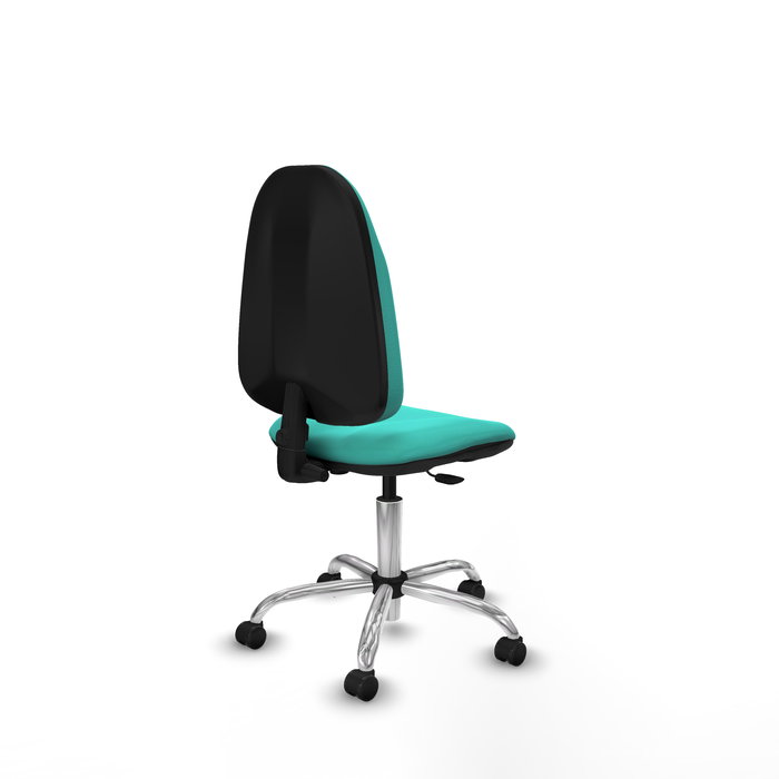 Silla de oficina Algarra con mecanismo Contacto permanente básico tapizada con Similpiel color Turquesa. Equipada con Base cromada, Sin brazos y Ruedas de parqué
