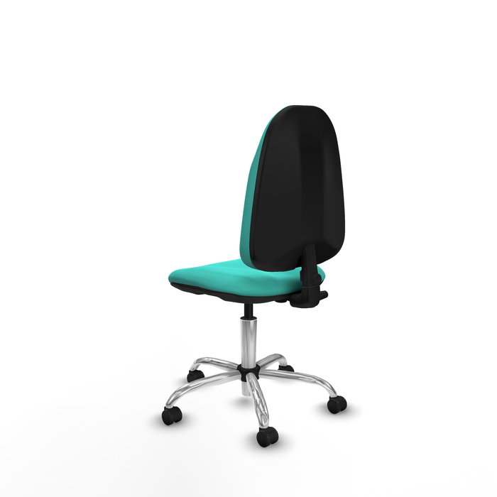 Silla de oficina Algarra con mecanismo Contacto permanente básico tapizada con Similpiel color Turquesa. Equipada con Base cromada, Sin brazos y Ruedas de parqué