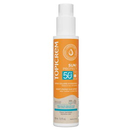 Topicrem SUN PROTECT Leche Solar Hidratante SPF50+, Spray con Filtros Orgánicos UVA/UVB, Protección Muy Alta, Resistente al Agua, 150 ml