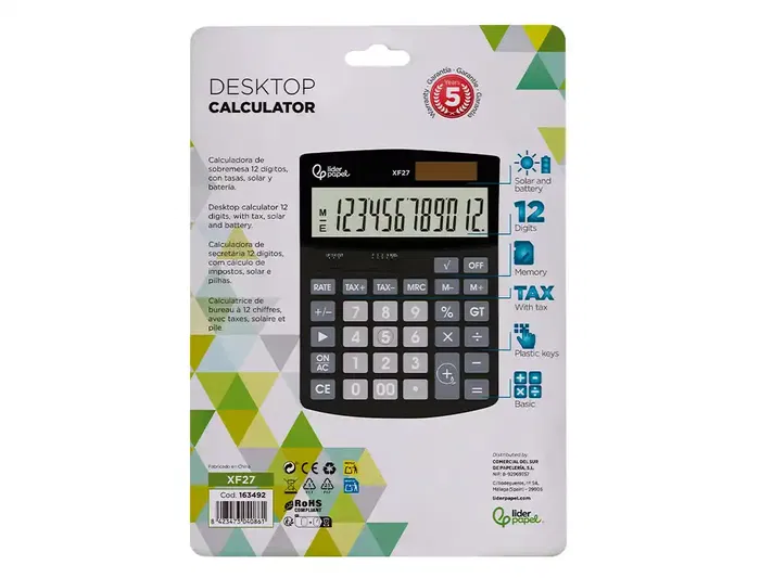 Liderpapel Calculadora sobremesa xf27 12 dígitos, solar y pilas, color negro