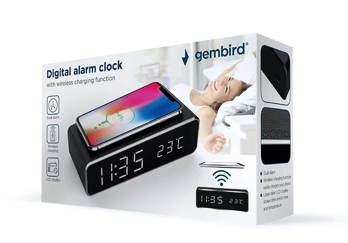Gembird DAC-WPC-01 Despertador Digital Reloj con Carga Inalámbrica para iPhone y Galaxy, Pantalla LCD, Alarma Dual, Temperatura, Negro