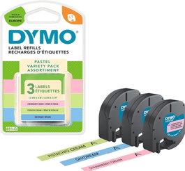 DYMO Pack de 3 cintas Letratag de plástico colores pastel 12mmx4m