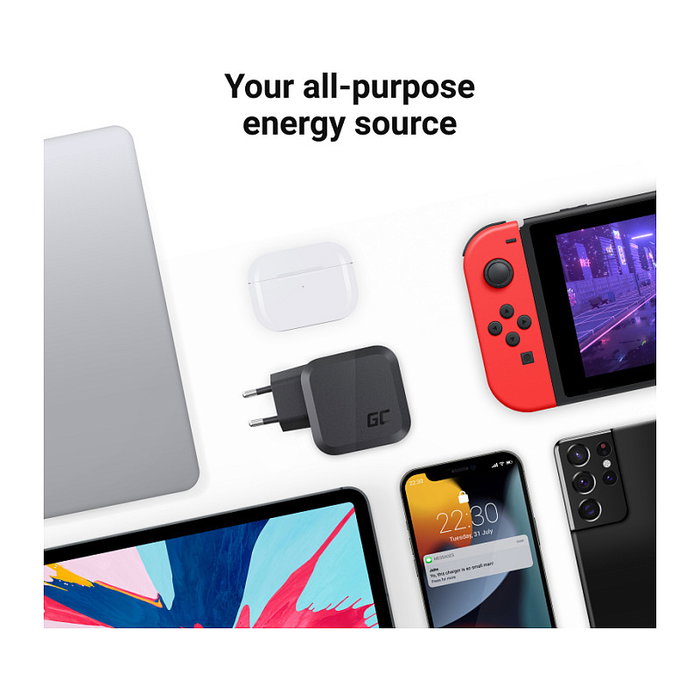 Green Cell CHARGC08 Cargador GaN 65W, Power Delivery, Quick Charge 3.0, 2 USB-C + 1 USB-A, Ultra Charge, PPS, 100-240V, Negro