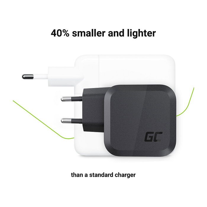 Green Cell CHARGC08 Cargador GaN 65W, Power Delivery, Quick Charge 3.0, 2 USB-C + 1 USB-A, Ultra Charge, PPS, 100-240V, Negro