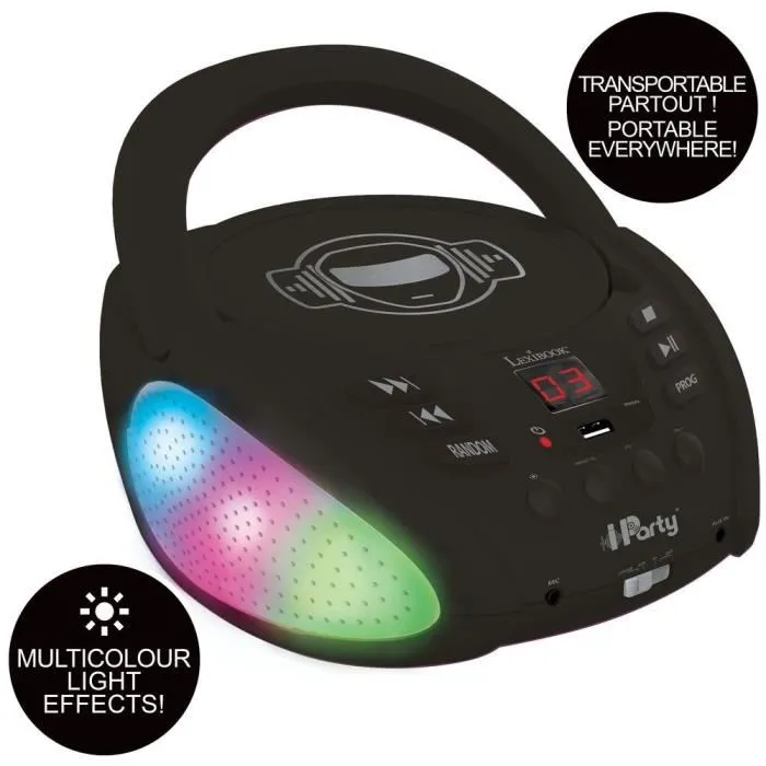 Lexibook Reproductor de CD Portátil iParty Bluetooth Light con USB, Luces Multicolor y Bluetooth 5.0 para Niños