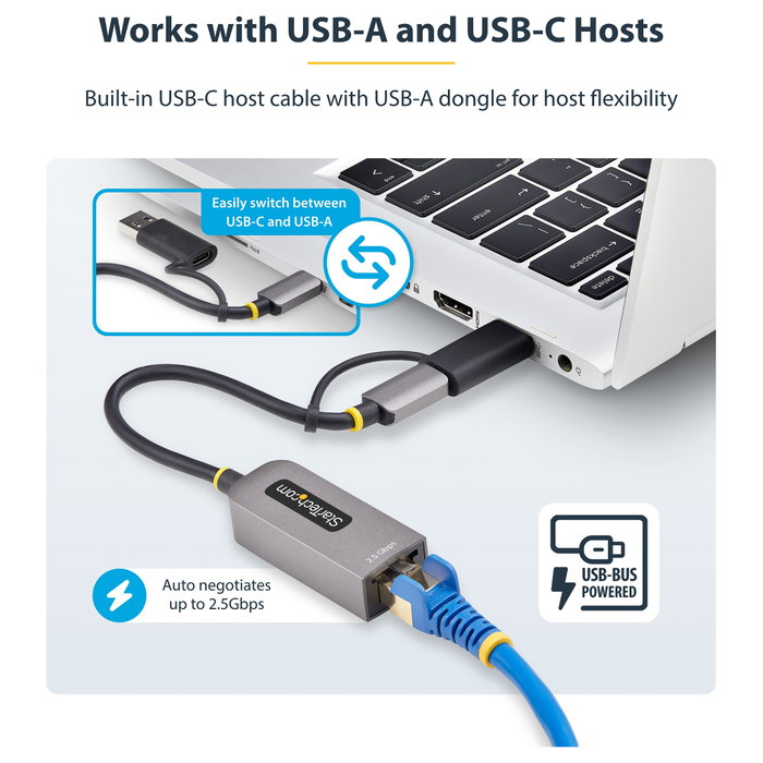 StarTech Adaptador de Red Ethernet USB-C a RJ45 de 2,5 GbE con Conversor USB-A, Gris