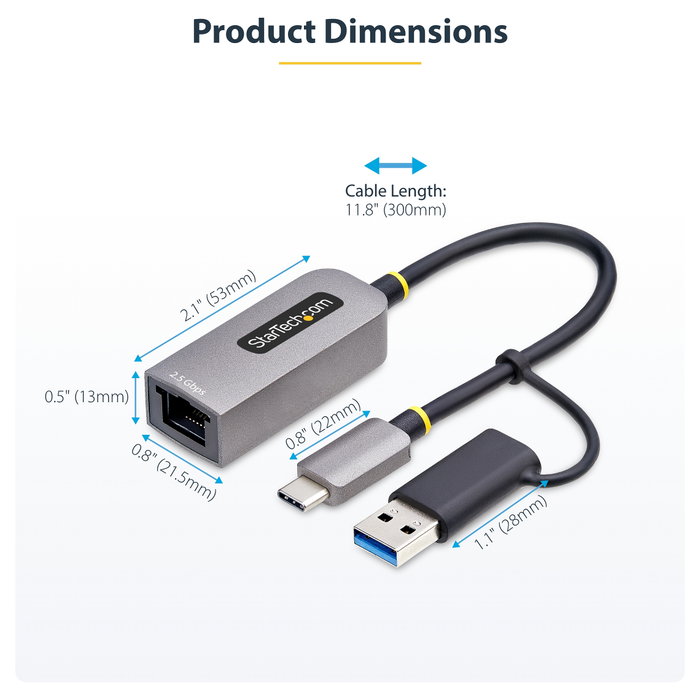 StarTech Adaptador de Red Ethernet USB-C a RJ45 de 2,5 GbE con Conversor USB-A, Gris