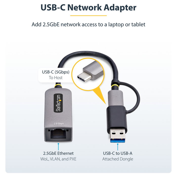 StarTech Adaptador de Red Ethernet USB-C a RJ45 de 2,5 GbE con Conversor USB-A, Gris